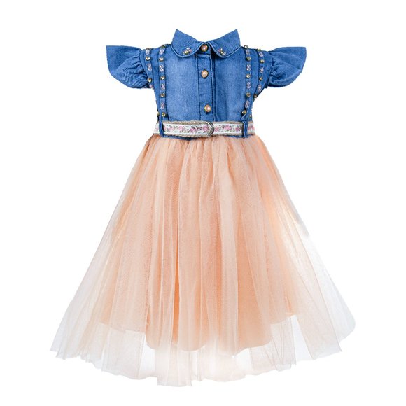 Toddler Girl Bowknot Denim Beige Mesh Tutu Dress - Picture 1 of 1
